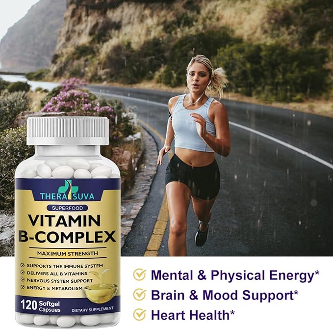 TheraSuva Vitamin B-Complex + CoQ10 + Vitamin C - Max Strength Supplement for Energy, Metabolism Support, 2 Month Supply, 120 Softgels
