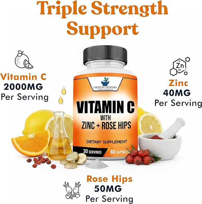 American Standard Supplements Vitamin C 2000mg, Zinc 40mg, and Rose HIPS 50mg Per Serving – Vegan, Gluten Free, Non-GMO (60 Count)