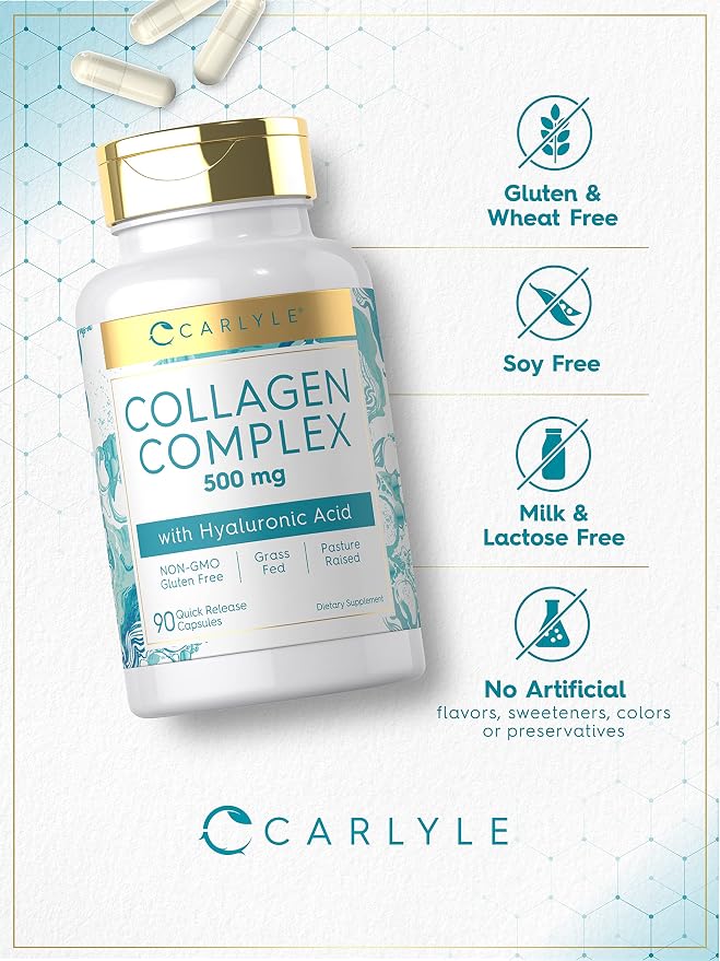Carlyle Collagen Pills with Hyaluronic Acid | 500mg | 90 Capsules | Hydrolyzed Collagen Type 1 and 3 | Non-GMO, Gluten Free Supplement