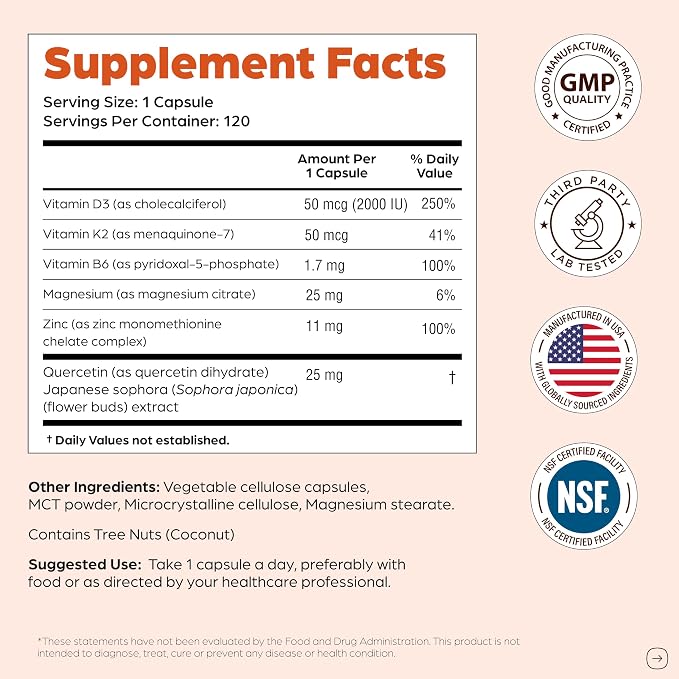 Sandhu's Vitamin D3 K2 Magnesium 2000 IU, 50mcg K2 Capsules 120 Count (Pack of 1) | with VIT B6, Zinc & Quercetin | D3K2 Supports Superior Absorption, Energy, Immune, Muscle Health for Men & Women