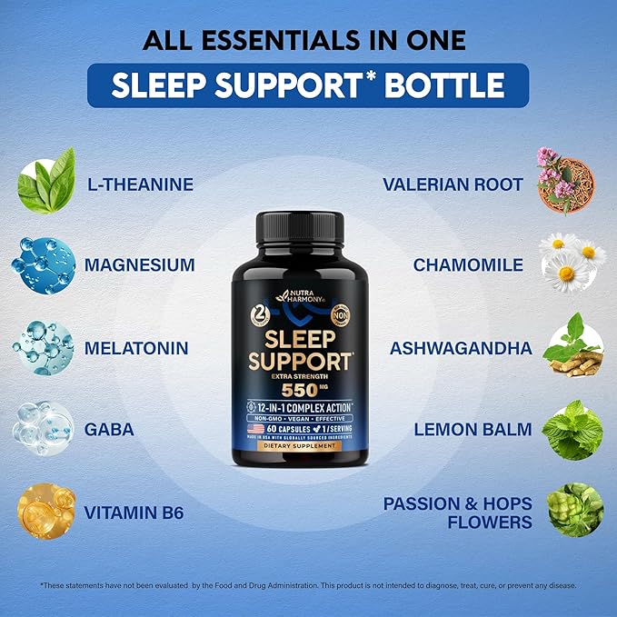 Sleeping Pills for Adults 550mg - Melatonin 3mg | Valerian Root for Sleep | L-Theanine | Magnesium - Natural Sleep Aid Supplement - Non-Habit Forming Rest Support - Made in USA - 1/day, 2 Month Supply