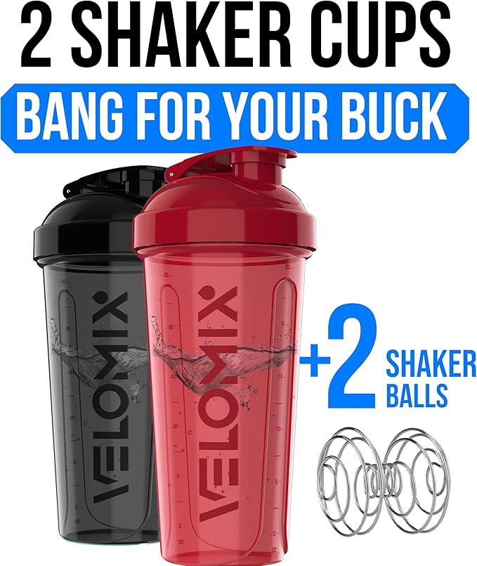 VELOMIX -2 Pack- 28 oz Protein Shaker Bottles for Protein Mixes - 2x Wire Whisk | Leak Proof Shaker Cups for Protein Shakes and Pre Workout | Protein Shaker Bottle Pack (B1) Red/Black