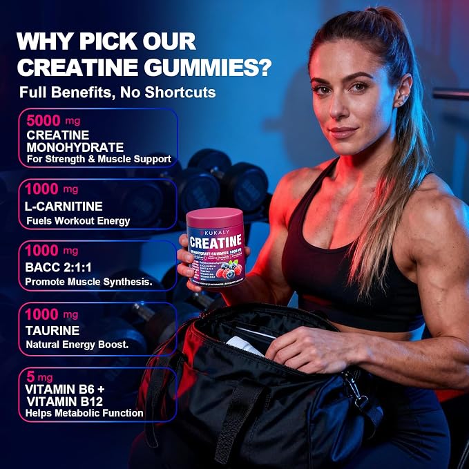 Creatine Monohydrate Gummies for Men & Women, Gummies Sugar Free Mixed Flavored with L-Taurine, BCAA 2:1, B12 B6 for Boost Strength, Focus & Endurance, Vegan, Non-GMO, 120pcs