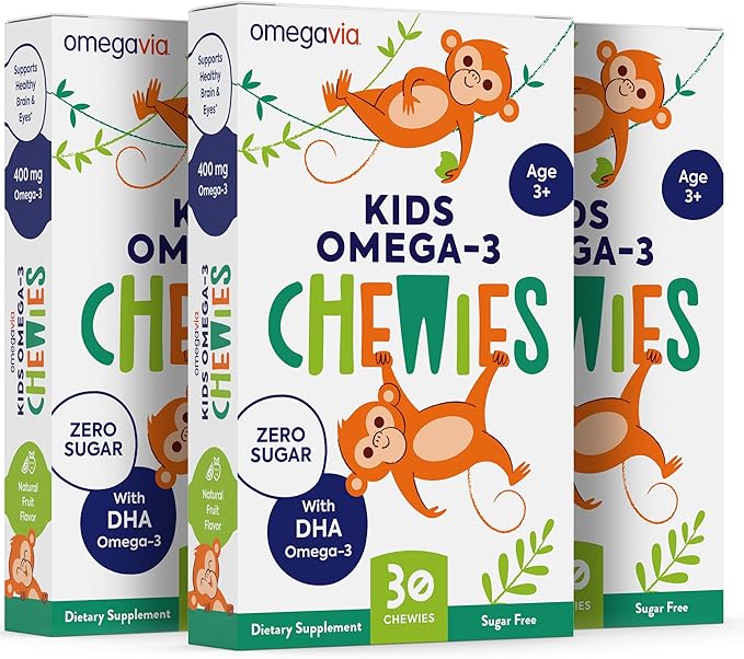 Omega 3 Chewies - Ultra-High DHA Chewables for Kids Supports Brain & Eye Health - Sugar-Free Natural Fruit Flavor - Kids Omega 3 Fish Oil Chewies (3 Pack)