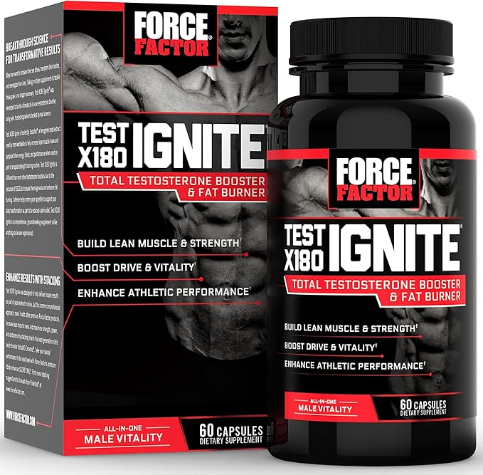 Force Factor Test X180 Ignite Total Testosterone Booster for Men with Fenugreek Seed and Green Tea Extract to Build Lean Muscle, Boost Energy, and Improve Performance, 60 Count