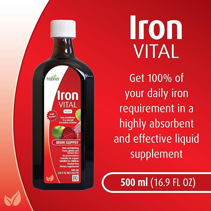 hübner Hubner Iron Vital Liquid Iron Supply Plus Vitamin C, Dietary Supplement for Adults and Kids, Vegan and Gluten-Free, Fruit Flavor, 500 ml Bottle, 50 Servings