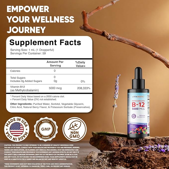 Vitamatic 2 Packs Fast Acting Liquid Vitamin B12 5000 mcg (Methylcobalamin) - Natural Berry Flavor - Sublingual Supplement - Faster Absorption - 2 OZ