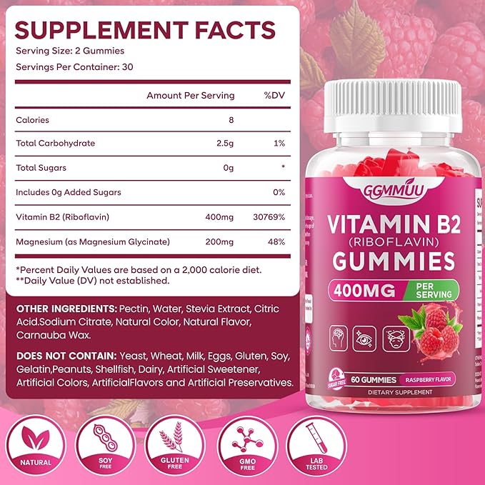 2 Pack Vitamin B2 Gummies Riboflavin 400mg Supplement with Magnesium for Kids & Adults B2 Gummies for Nervous System Support & Skin Health, Raspberry Flavor, 120 Count