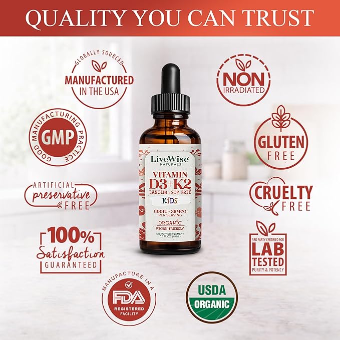 Vitamin D3 K2 Kids Liquid Drops - 112 Servings, Ultra Concentrated Formulation, Fast Absorption 800 IU & 35 MCG for Calcium & Bone Support - Daily Nutritional Support Parents Trust