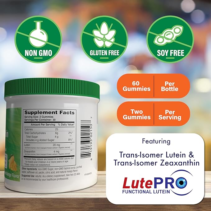 Health Thru Nutrition Lutein + Zeaxanthin Gummies | Trans-Isomer Form | 20mg Lutein & 4mg Zeaxanthin Trans-isomers | Golden Mango Flavor | Eye Support | Non-GMO, Vegan| 60 Gummies