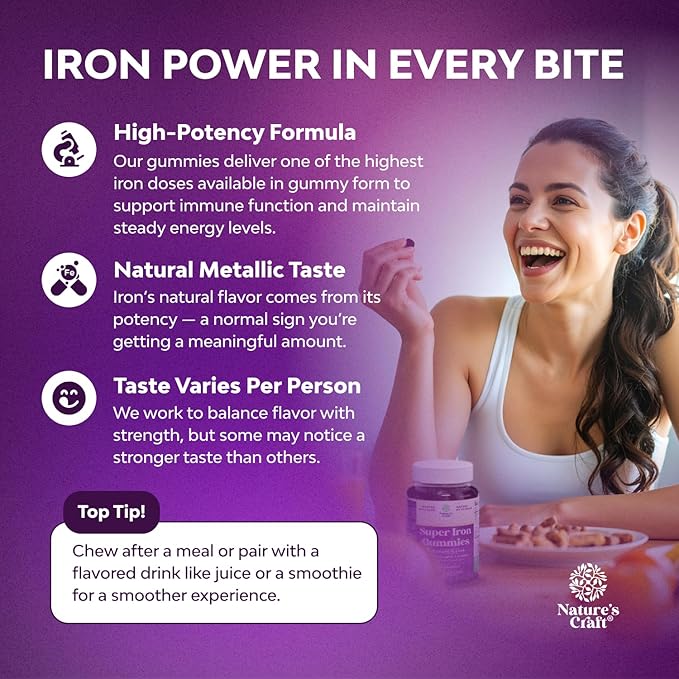 Extra Strength Iron Gummies for Women and Men - Potent 45mg per Serving Chewable Supplement for Women and Men with Vitamin C for Higher Absorption - Vegan Daily Iron Gummy No Artificial Flavors