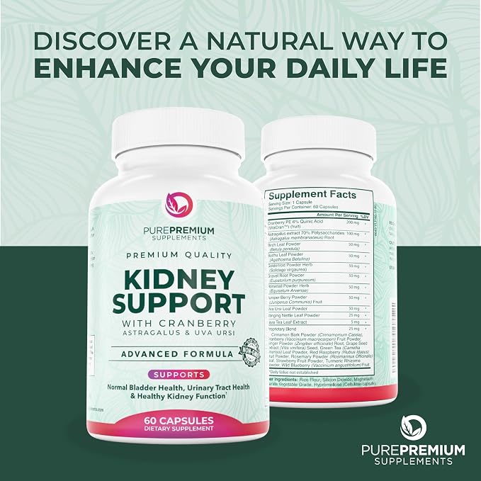 PurePremium Kidney Support Supplement – Kidney Cleanse Detox & Repair with Cranberry Extract & Astragalus - 21-in-1 Complex Supports Normal Bladder, Urinary Tract & Kidneys Health - 60 Day Supply
