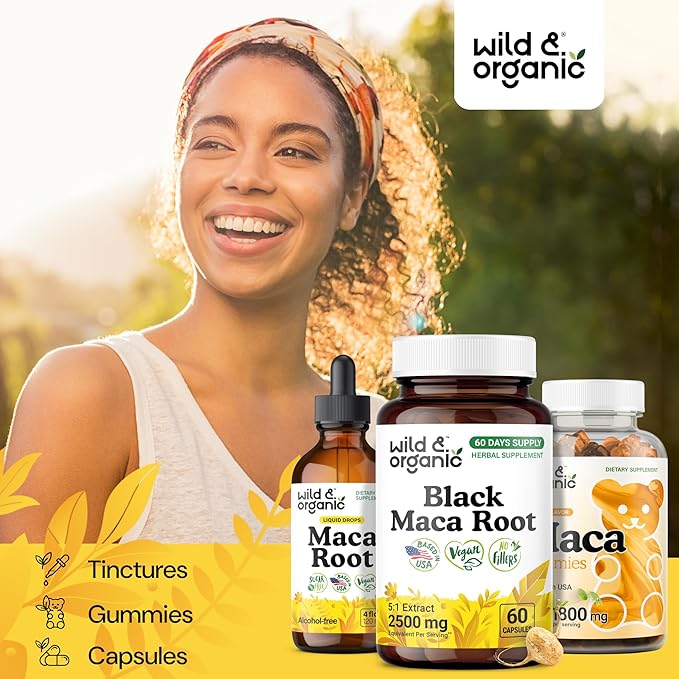 Wild & Organic Black Maca Root Capsules for Women & Men 500 mg - Maca Root Extract for Overall Support - 60 Vegan Capsules - Men & Women Supplement - 60 Days Supply - Non-GMO, No Fillers, Gluten-Free