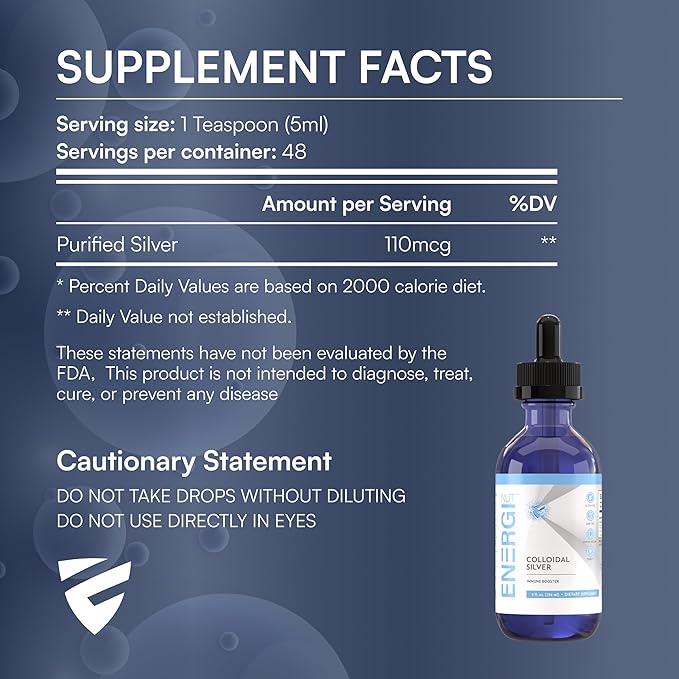ENERGI Colloidal Silver Liquid, Immune Support Supplement, Immunity System Supplement for Adults and Kids, Colloidal Silver Drops or Spray, 8 Fl Oz Bottle