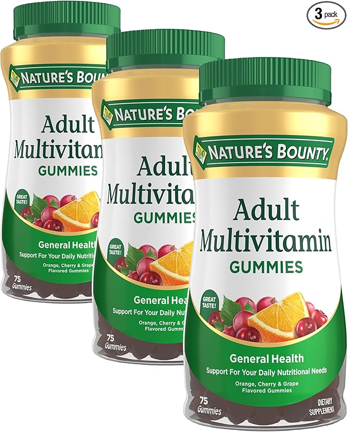 Nature's Bounty Adult Multivitamin Gummies, Vitamin Supplement, Daily Nutritional Needs, Orange, Cherry and Grape Flavor, 75 Gummies (Pack of 3)