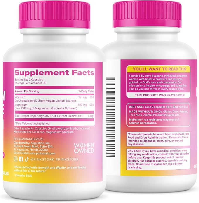 Pink Stork Magnesium Glycinate with Vitamin D - Magnesium Supplement for Women to Support Natural Calm, Mood, and Sleep - Hormone Balance for Women - 60 Capsules, Berry Essence, 1 Month Supply