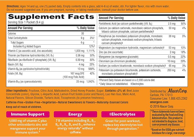Emergen-C 1000mg Vitamin C Immune Support Powder Pink Lemonade 30CT includes Zinc, Manganese, 7 B Vitamins and Electrolytes for Back to School Essentials