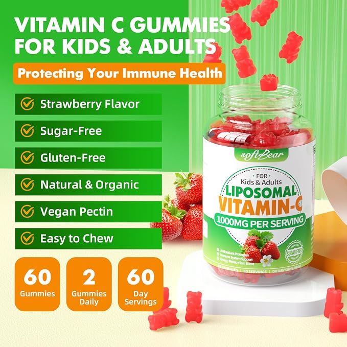softbear Liposomal Vitamin C Gummies for Adults & Kids 1000mg, Chewable Vitamin C Supplement for Immune Support, Vegan/Organic/Sugar Free VIT C Gummies, Strawberry Flavor 60 Count