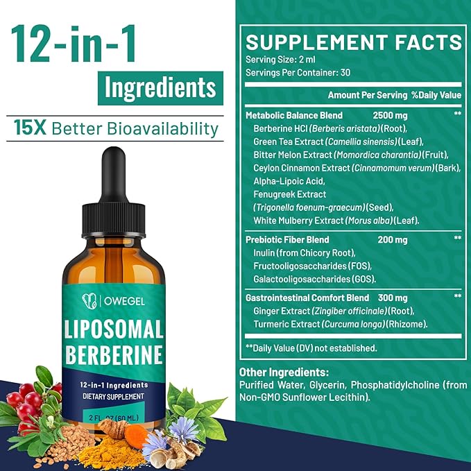 Liposomal Berberine HCL Liquid Drops – Advanced 12-in-1 Herbal Formula with Ceylon Cinnamon, Bitter Melon, Green Tea & More – 4 Fl Oz