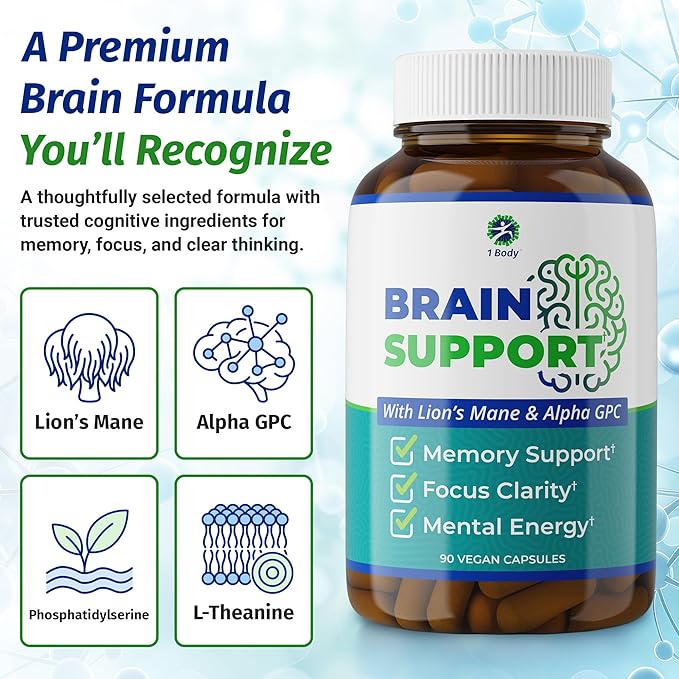 1 Body Brain Support Supplement with Alpha GPC and Lion's Mane Extract, 90 Capsules, Twin Pack