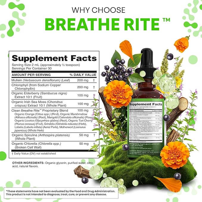Mullein Drops for Lungs Liquid Chlorophyll Mullein Leaf Extract Supplement Elderberry Sea Moss Spirulina Chlorella Lobelia Marigold Licorice Marshmallow Lung Detox Cleanse Tincture Men Women 2 fl oz
