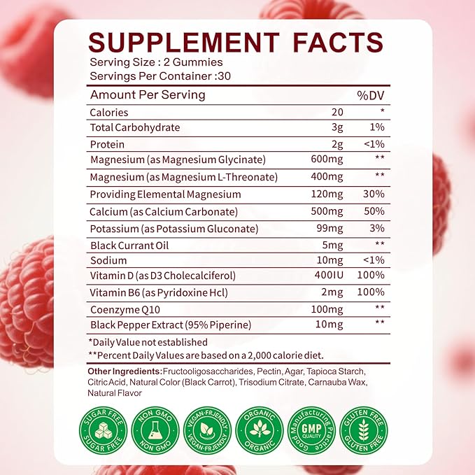 Magnesium Glycinate Gummies 600mg, Zzz & Relaxation, High Absorption, Raspberry Flavor, 60 Count, Supports Muscles, Bones & Energy, Vegan, Sugar Free