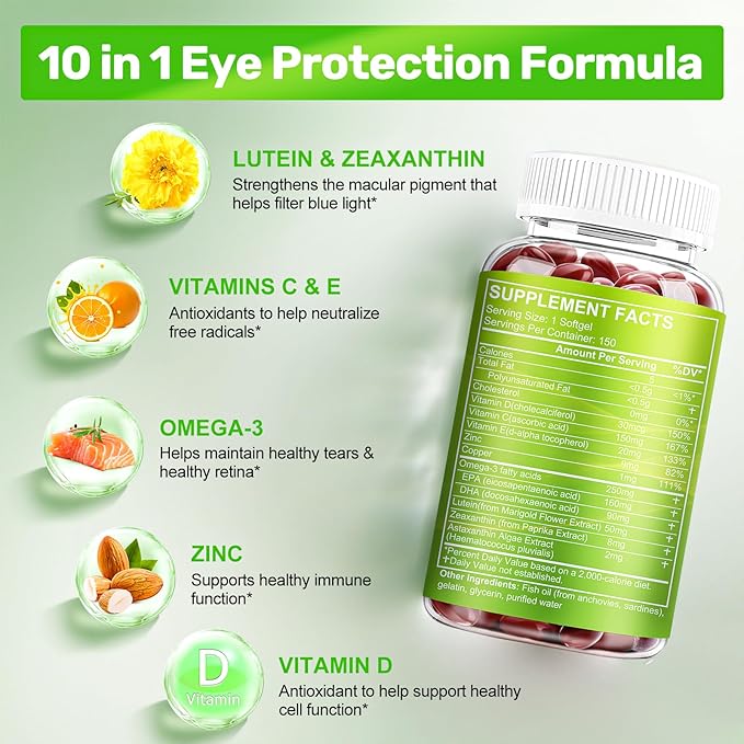 Lutein and Zeaxanthin Supplements, Eye Vitamin & Mineral Supplement, Multivitamin for Vision & Ocular Health with Omega-3, Protect and Enhance Your Eye Health Completely, 150 Softgels
