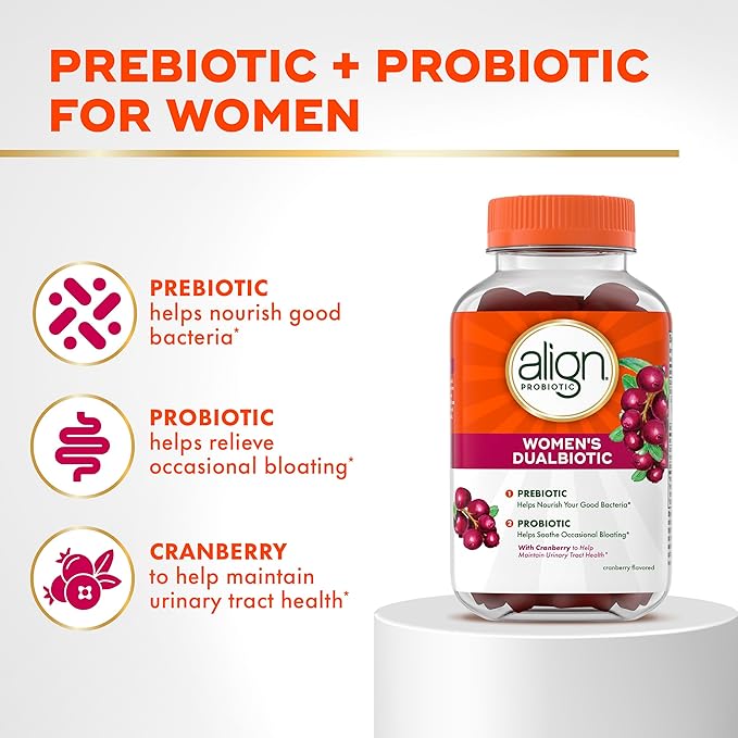 Align Probiotic, Women's Dualbiotic, Womens Probiotic Gummies, Prebiotics and Probiotics for Women, with Cranberry for Urinary Tract Health*, Cranberry Flavor, 90 Gummies