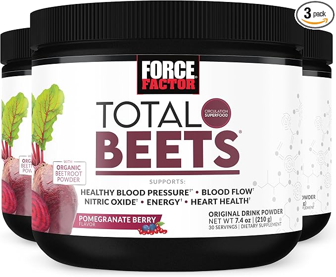 Force Factor Total Beets Drink Mix Superfood Powder with Nitrates to Support Circulation, Nitric Oxide, Energy, Endurance, and Stamina, Cardiovascular Heart Health Supplement, 90 Servings, 3-Pack