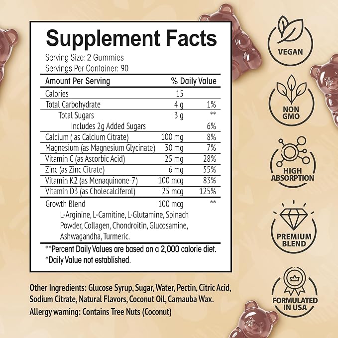 Height Growth Increase Vitamin Gummies, Calcium, Magnesium, Zinc, Ashwagandha, Glucosamine Grow Tall Supplement, Multivitamin for Kids, Teens, Adults