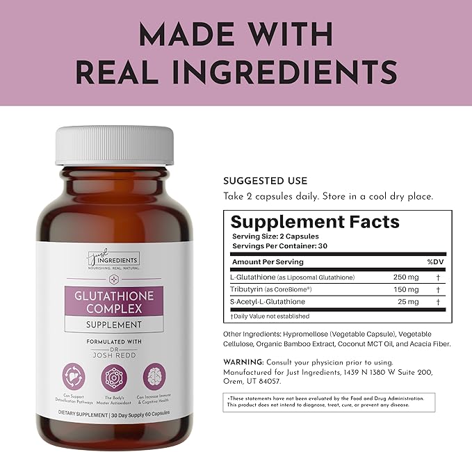 JUST INGREDIENTS Glutathione Complex – 60-Capsule Supplement with Liposomal, S-Acetyl-L-Glutathione & CoreBiome® Tributyrin – Supports Antioxidant Defense, Detoxification & Cellular Health*