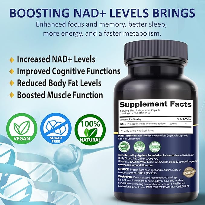 NMN Supplement 500mg – Nicotinamide Mononucleotide | Supports NAD+ Levels, Energy, Cognitive Function, Muscle Health & Healthy Body Composition Capsules (90)