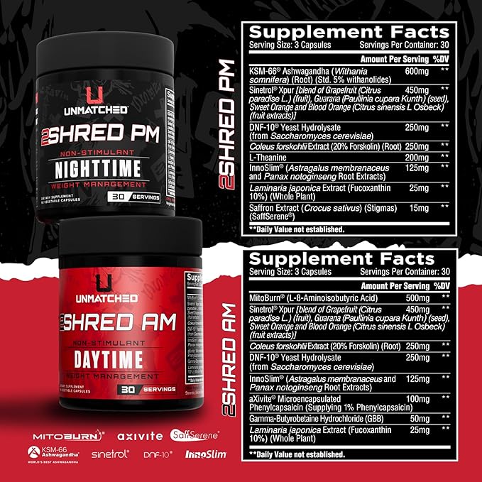 Unmatched 2Shred AM + PM | Non Stimulant Weight Management System | Thermogenesis, Fat Burning, & Appetite Control | 180 Vegetable Capsules, 30 Day Supply