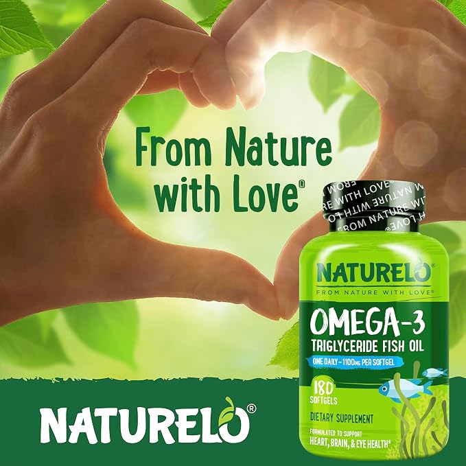 NATURELO Burpless Omega 3 Fish Oil Supplement - 1100mg Triglyceride Omega-3, EPA + DHA, for Heart, Eye, Brain, Joint Health - 180 Softgels, 6 Months Supply