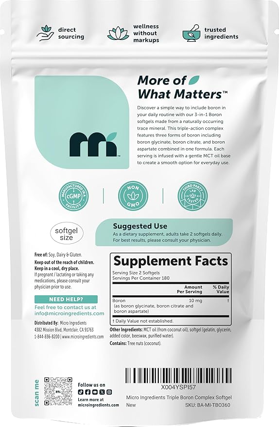 Micro Ingredients Triple Boron Complex 10mg Per Serving, 360 Softgels with MCT Oil | Boron Supplement for Men & Women | Boron Glycinate, Citrate & Aspartate Triple Action Formula | Non-GMO Gluten Free