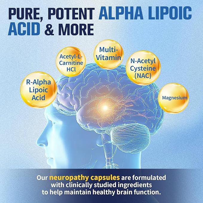 Nerve & Peripheral Neuropathy Support Supplement with 1200mg R-Alpha Lipoic Acid L-Carnitine Vitamin B12 B1 B6 D3 E Folate Lions Mane NAC Magnesium Turmeric - Liver Detox, Antioxidant & Mental Support