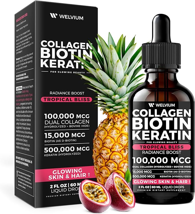 Liquid Biotin and Collagen Peptide Complex with Keratin, Hyaluronic Acid, MCT Oil, Zinc, Vitamins B6, B7, B12, A, C, D3, E - Hair, Skin, and Stronger Nails Supplement - 2 Pack