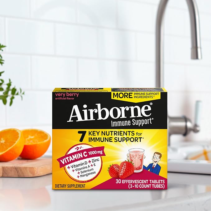 Airborne 1000mg Vitamin C with Vitamin D & Zinc, Sugar Free Multivitamin Immune Support Supplement, Antioxidants Vitamins A C & E, Very Berry Flavor, 30 Tablets (Pack of 2)