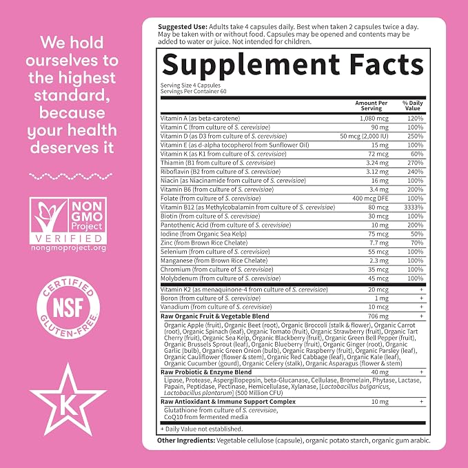 Garden of Life Vitamin Code Multivitamin for Women 50 & Over, 240 Capsules, for Women 50 Plus with B Vitamins, Vitamins A, C, D3, E & K, CoQ10, Probiotics & Enzymes