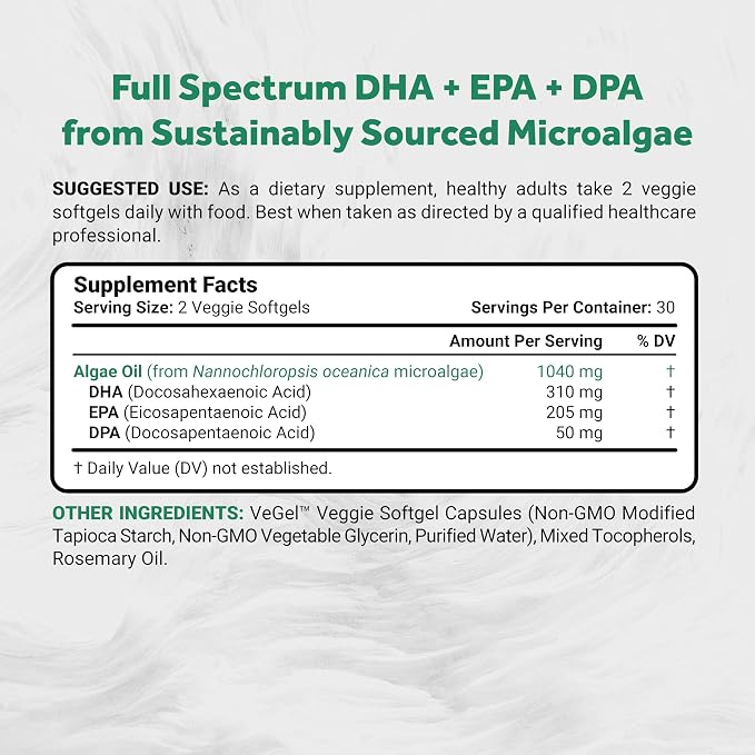 Naturalis Vegan Omega 3 DHA, EPA & DPA from Algae | Vegan Society Certified, Sustainably Sourced, True Full Spectrum | 60 Veggie Softgels (Carrageenan Free)