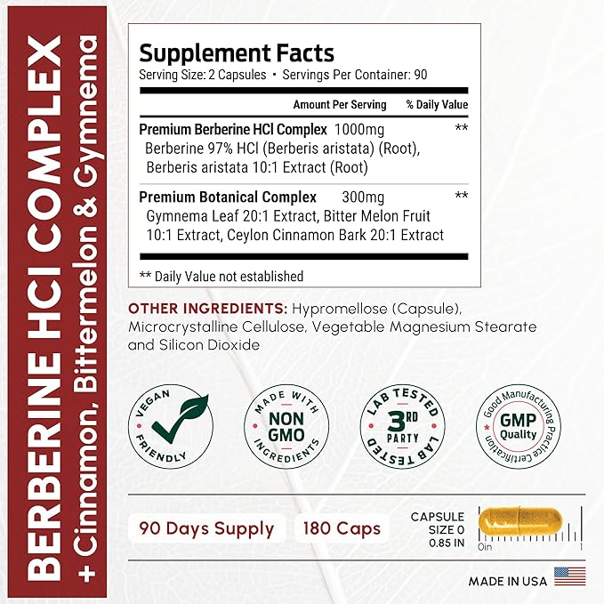 ForestLeaf Berberine Supplement - 1300mg per Serving - Ultra High Potency Berberine HCl with Ceylon Cinnamon, Bitter Melon & Gymnema - Weight Management Support - 180 Caps