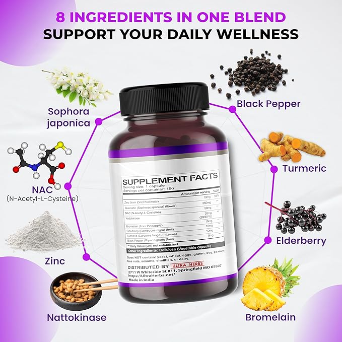 Quercetin Supplement with Bromelain, Vitamin C and Zinc, Nattokinase, NAC, Elderberry, Elderberry | 8 in 1 Ultra Antioxidant Complex for Immune Health | 150 Capsules