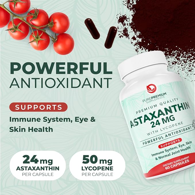 PurePremium Astaxanthin Supplements - Astaxanthin 24mg with Lycopene 50mg Antioxidants Supplement for Skin & Eye Health, & Immune System Support – Non-GMO - 60 Count, 2 Month Supply
