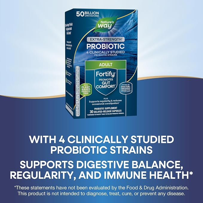Nature's Way Extra Strength(1) Fortify Probiotic, Probiotics for Digestive Health, Prebiotics, 50 Billion Live Cultures, Digestive & Immune Health Support*, 30 Capsules