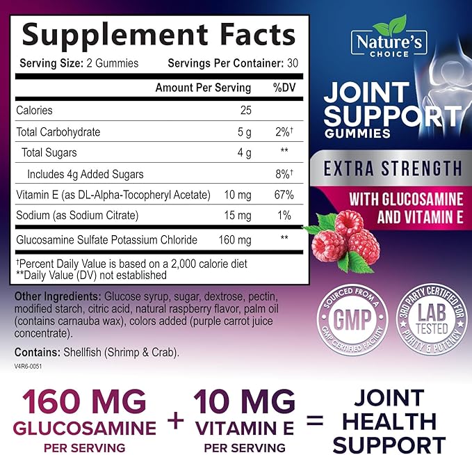 Joint Support Gummies - Extra Strength Glucosamine Gummy Supplement with Vitamin E - Natural Cartilage Joint Health & Flexibility Support, Best Support Glucosamine Chew for Men & Women - 60 Gummies