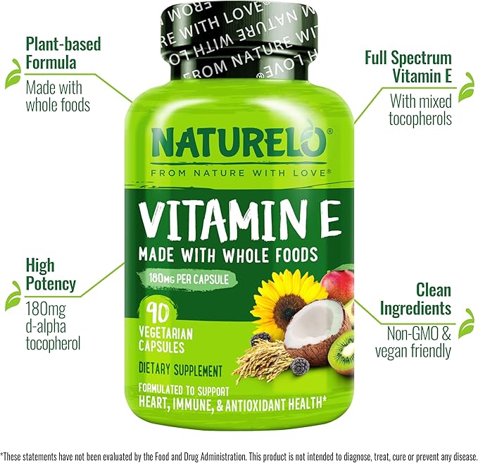 NATURELO Vitamin E Capsules 180 mg - 90 Vegan Capsules | Supports Skin, Hair, and Nails | Immune and Eye Health | Natural Mixed Tocopherols & Whole Foods | Non-GMO, Dry Vitamin E