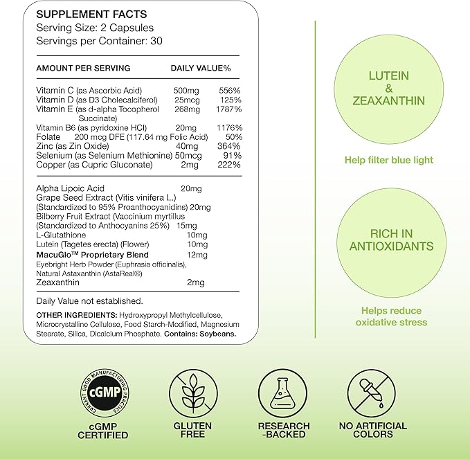 EyeScience – Macular Health Formula – Capsules – Complete Nutritional Supplement for Eye Health - Contains Lutein, Zeaxanthin, Vitamin C, D, E & B6 (120 Count)