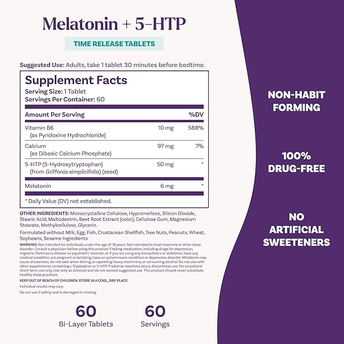 Natrol Melatonin + 5-HTP Time Release Sleep Aid, Triple Action Formula, Calm the Mind, Fall Asleep Faster and Stay Asleep Longer, 60 Bi-Layer Tablets, Up to a 60 Day Supply
