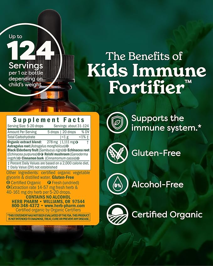 Herb Pharm Kids Immune Fortifier: Alcohol-Free Organic Immunity Supplement with Elderberry & Echinacea, Liquid Herbal Formula, 1 oz