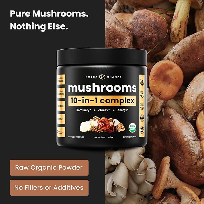 NutraChamps Organic Mushroom Powder - 10-in-1 Complex - Mushroom Supplement Powder Blend for Memory, Focus & Immune Support - 8oz (8.0 OZ, Mushroom Blend)